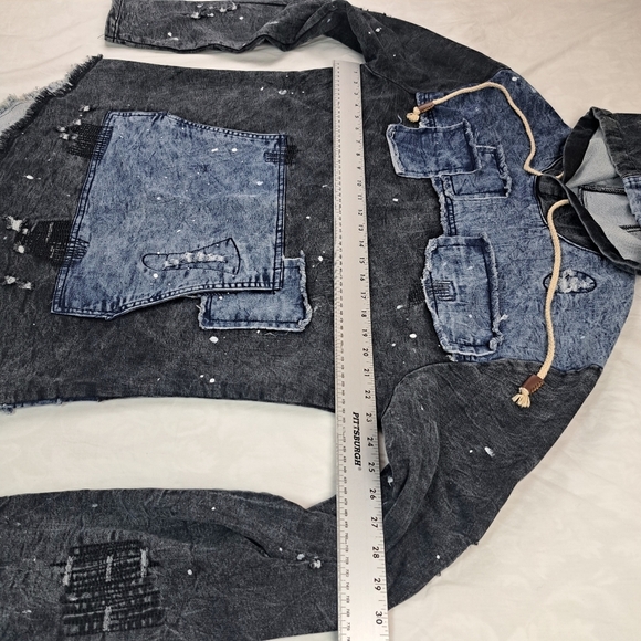 Imperious Men's Distressed Denim Hoodie Pullover Black / Blue Size XL - Picture 11 of 13